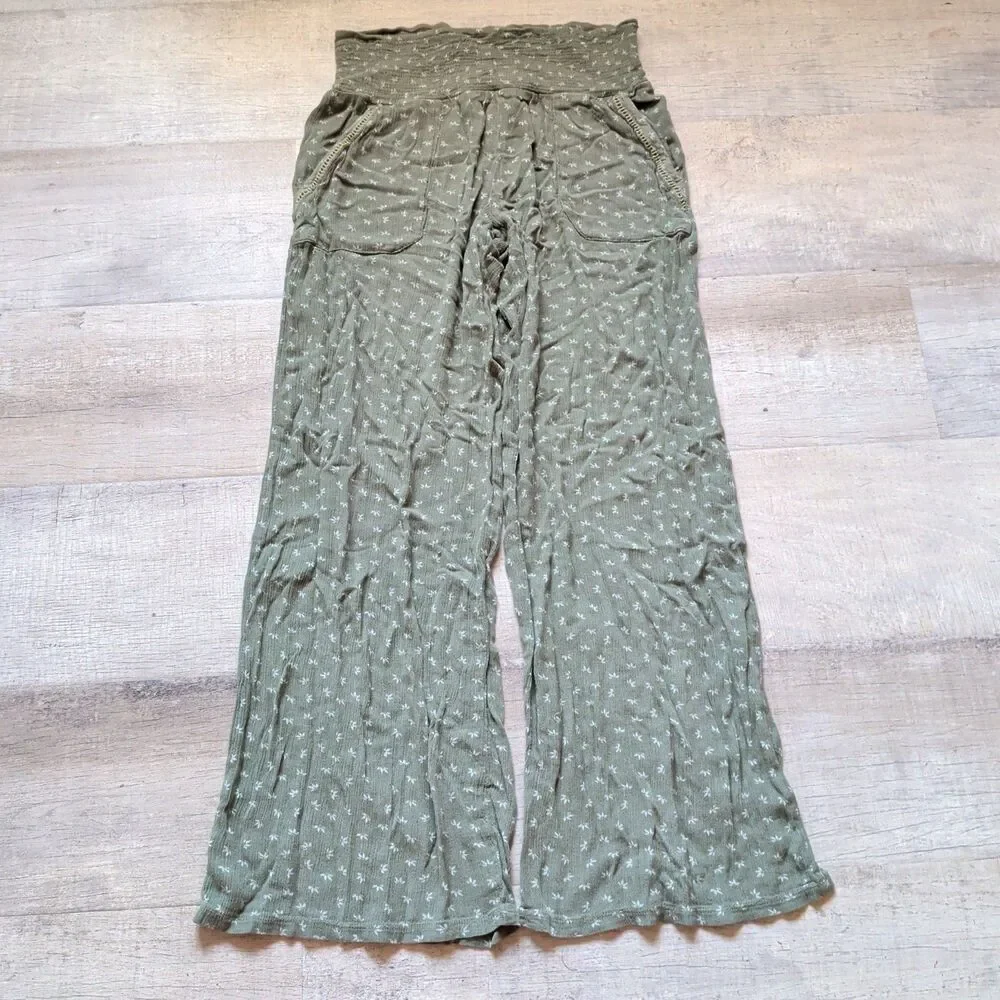 Three Dots Women's Mid-Rise Relaxed Fit Pull-On Pants Green Sz S Floral Wide Leg